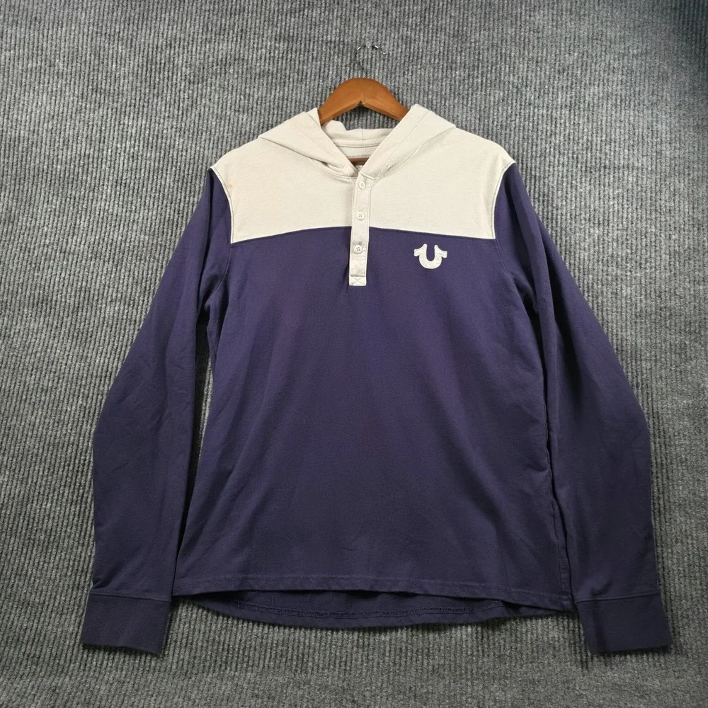 True Religion Henley Hoodie Mens Medium Navy Cream Colorblock Y2K Pullover Shirt